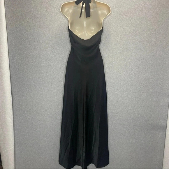 BCBGMaxAzria Black Satin Goth Punk Dark Romantic Empire Waist Halter Maxi Dress - Picture 5 of 7